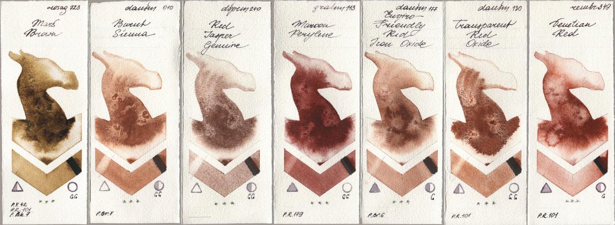 Rosa Gallery 723 Mars Brown, Daniel Smith 010 Burnt Sienna, 240 Red Jasper Genuine, M. Graham & Co. Artists 113 Maroon Perylene, 177 Enviro-Friendly Red Iron Oxide, 130 Transparent Red Oxide, Royal Talens Rembrandt Watercolour 349 Venerian R watercolor swatch