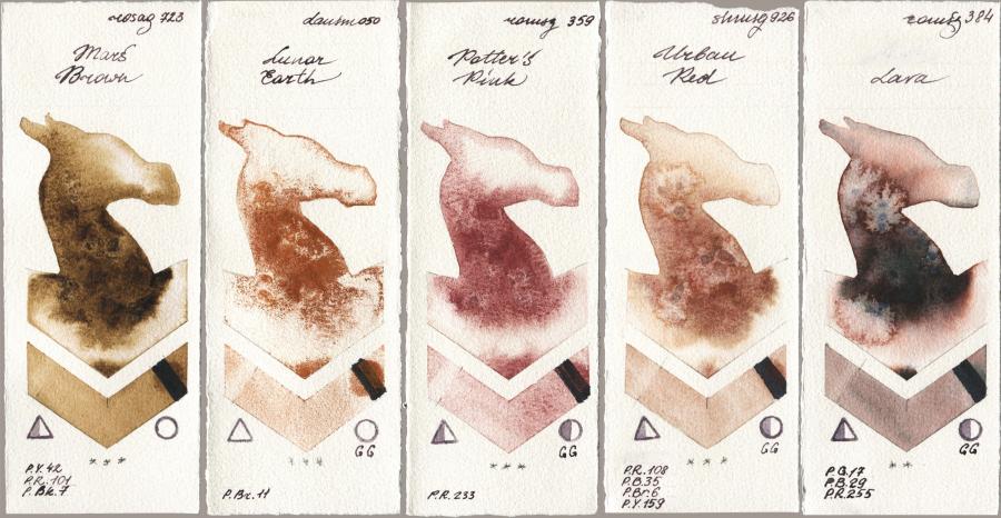 Rosa Gallery 723 Mars Brown vs Daniel Smith 050 Lunar Earth vs Roman Szmal Aquarius 359 Potters Pink vs Shminke Horadam Aquarell 926 Urban Red vs 384 Lava watercolor swatch