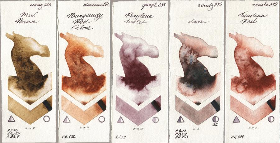 Rosa Gallery 723 Mars Brown vs Daniel Smith 151 Burgundy Red Ochre vs Golden QOR 635 Perylene Violet vs Roman Szmal Aquarius 384 Lava vs Royal Talens Rembrandt Watercolour 349 Venerian Red watercolor swatch