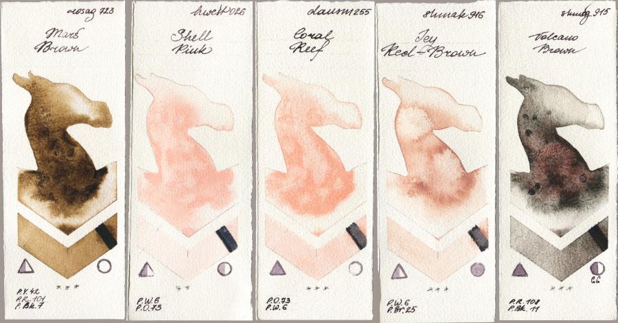 Rosa Gallery 723 Mars Brown vs Holbein Artists Watercolor 026 Shell Pink vs Daniel Smith 255 Coral Reef vs Shminke Akademie Aquarell 916 Icy Red-Brown vs Shminke Horadam Aquarell 915 Volcano Brown watercolor swatch