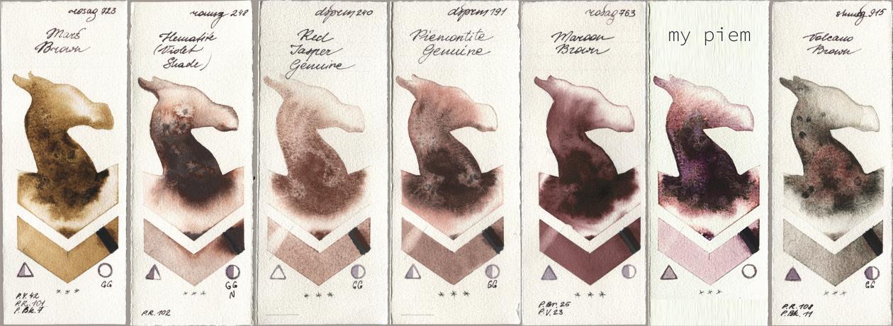 Rosa Gallery 723 Mars Brown, Roman Szmal Aquarius 248 Hematite (Violet Shade), Daniel Smith 240 Red Jasper Genuine, 191 Piemontite Genuine, 763 Maroon Brown, my 191 piem, Shminke Horadam Aquarell 915 Volcano Bro watercolor swatch