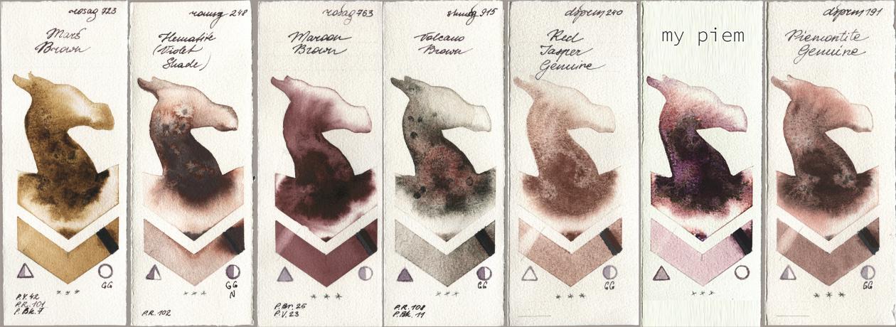 Rosa Gallery 723 Mars Brown, Roman Szmal Aquarius 248 Hematite (Violet Shade), 763 Maroon Brown, Shminke Horadam Aquarell 915 Volcano Brown, Daniel Smith 240 Red Jasper Genuine, my 191 piem, 191 Piemontite Genui watercolor swatch