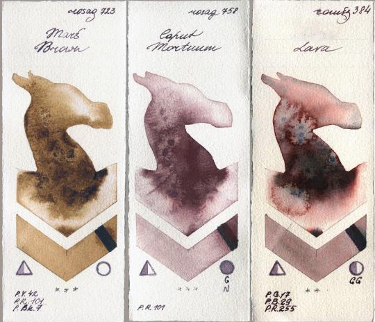 Rosa Gallery 723 Mars Brown vs 758 Caput Mortuum vs Roman Szmal Aquarius 384 Lava watercolor swatch