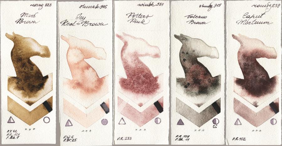 Rosa Gallery 723 Mars Brown vs Shminke Akademie Aquarell 916 Icy Red-Brown vs Winsor & Newton Professional 537 Potters Pink vs Shminke Horadam Aquarell 915 Volcano Brown vs Roman Szmal Aquarius 239 Caput Mortuum watercolor swatch