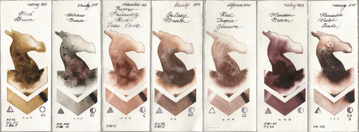 Rosa Gallery 723 Mars Brown, Shminke Horadam Aquarell 915 Volcano Brown, Daniel Smith 177 Enviro-Friendly Red Iron Oxide, 974 Galaxy Brown, 240 Red Jasper Genuine, 763 Maroon Brown, Roman Szmal Aquarius 248 Hematite (Violet Shad watercolor swatch