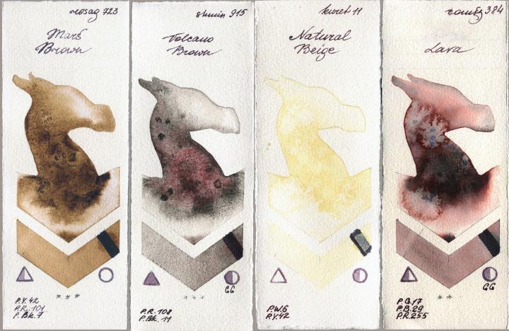Rosa Gallery 723 Mars Brown vs Shminke Horadam Aquarell 915 Volcano Brown vs Kuretake Gansai Tambi 11 Natural Beige vs Roman Szmal Aquarius 384 Lava watercolor swatch