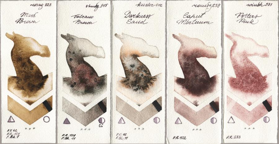 Rosa Gallery 723 Mars Brown vs Shminke Horadam Aquarell 915 Volcano Brown vs Kusakabe 012 Darkness Sand vs Roman Szmal Aquarius 239 Caput Mortuum vs Winsor & Newton Professional 537 Potters Pink watercolor swatch