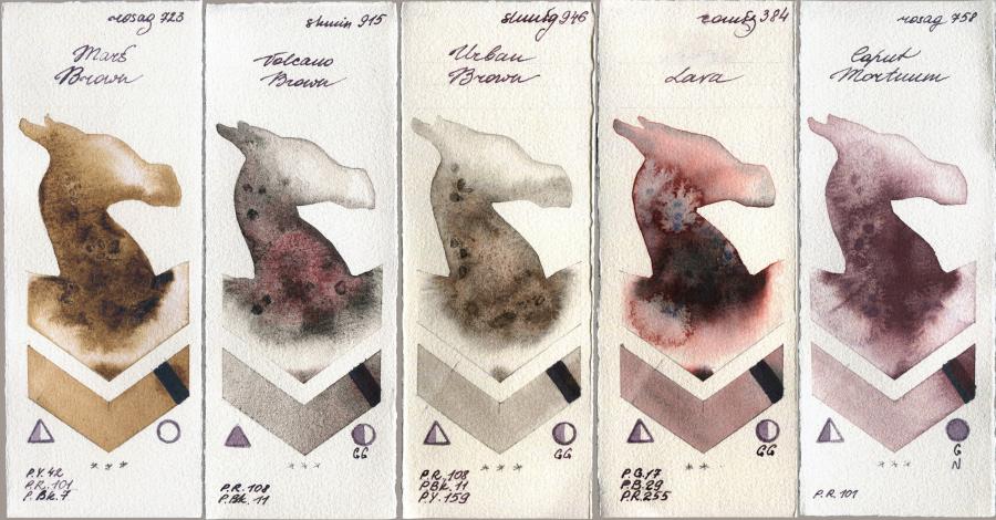 Rosa Gallery 723 Mars Brown vs Shminke Horadam Aquarell 915 Volcano Brown vs 946 Urban Brown vs Roman Szmal Aquarius 384 Lava vs 758 Caput Mortuum watercolor swatch