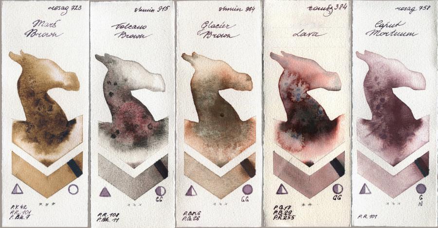 Rosa Gallery 723 Mars Brown vs Shminke Horadam Aquarell 915 Volcano Brown vs 964 Glacier Brown vs Roman Szmal Aquarius 384 Lava vs 758 Caput Mortuum watercolor swatch