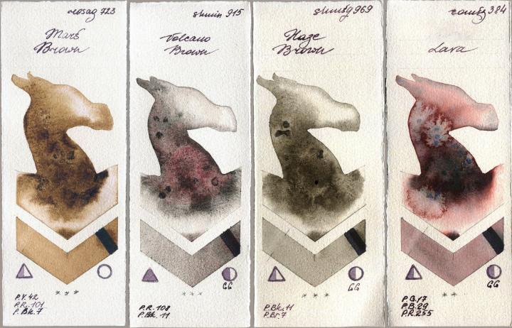 Rosa Gallery 723 Mars Brown vs Shminke Horadam Aquarell 915 Volcano Brown vs 969 Haze Brown vs Roman Szmal Aquarius 384 Lava watercolor swatch