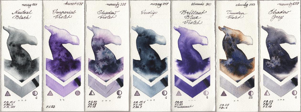 Rosa Gallery 724 Neutral Black, Kuretake Gansai Tambi 038 Imperial Violet, Roman Szmal Aquarius 336 Shadow Violet, 717 Indigo, Shminke Horadam Aquarell 910 Brilliant Blue Violet, 983 Tundra Violet, 259 Shadow Gr watercolor swatch