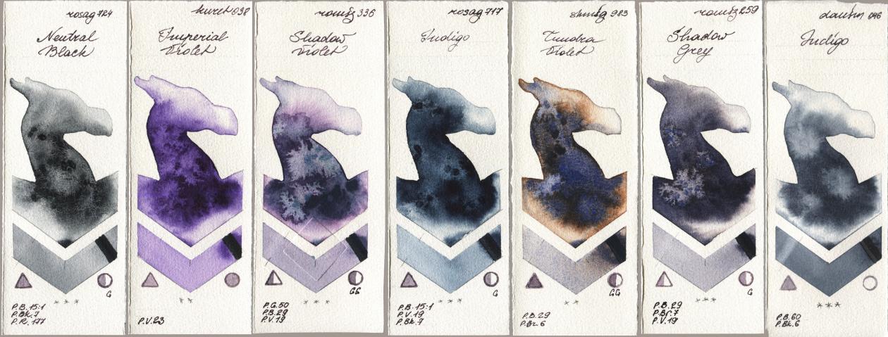 Rosa Gallery 724 Neutral Black, Kuretake Gansai Tambi 038 Imperial Violet, Roman Szmal Aquarius 336 Shadow Violet, 717 Indigo, Shminke Horadam Aquarell 983 Tundra Violet, 259 Shadow Grey, Daniel Smith 046 Indi watercolor swatch