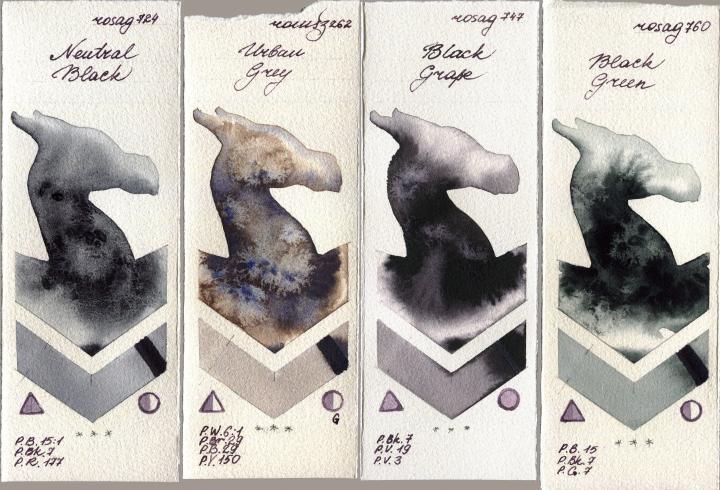 Rosa Gallery 724 Neutral Black vs Roman Szmal Aquarius 262 Urban Grey vs 747 Black Grape vs 760 Black Green watercolor swatch