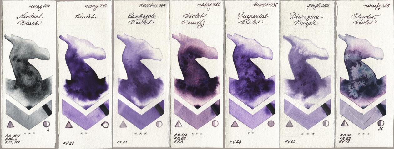 Rosa Gallery 724 Neutral Black, 710 Violet, Daniel Smith 019 Carbazole Violet, 785 Violet Quartz, Kuretake Gansai Tambi 038 Imperial Violet, Golden QOR 295 Dioxazine Purple, Roman Szmal Aquarius 336 Shadow Viol watercolor swatch