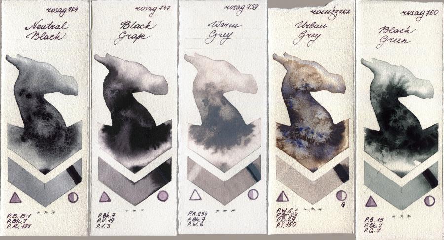 Rosa Gallery 724 Neutral Black vs 747 Black Grape vs 759 Warm Grey vs Roman Szmal Aquarius 262 Urban Grey vs 760 Black Green watercolor swatch