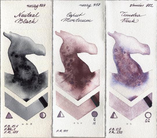Rosa Gallery 724 Neutral Black vs 758 Caput Mortuum vs Shminke Horadam Aquarell 982 Tundra Pink watercolor swatch