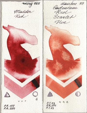 Rosa Gallery 725 Madder Red, Daniel Smith 219 Cadmium Red Scarlet H watercolor swatch