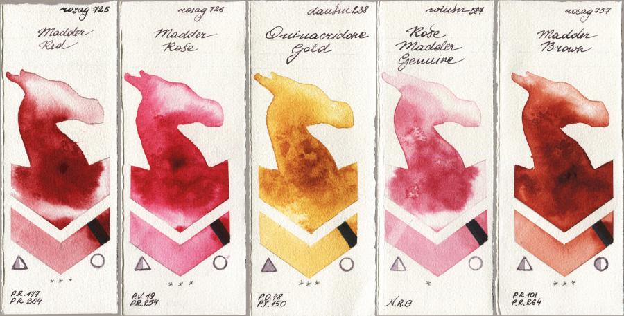 Rosa Gallery 725 Madder Red vs 726 Madder Rose vs Daniel Smith 238 Quinacridone Gold vs Winsor & Newton Professional 587 Rose Madder Genuine vs 757 Madder Brown watercolor swatch