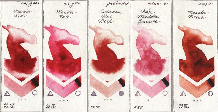 Rosa Gallery 725 Madder Red vs 726 Madder Rose vs M. Graham & Co. Artists 045 Cadmium Red Deep vs Winsor & Newton Professional 587 Rose Madder Genuine vs 757 Madder Brown watercolor swatch