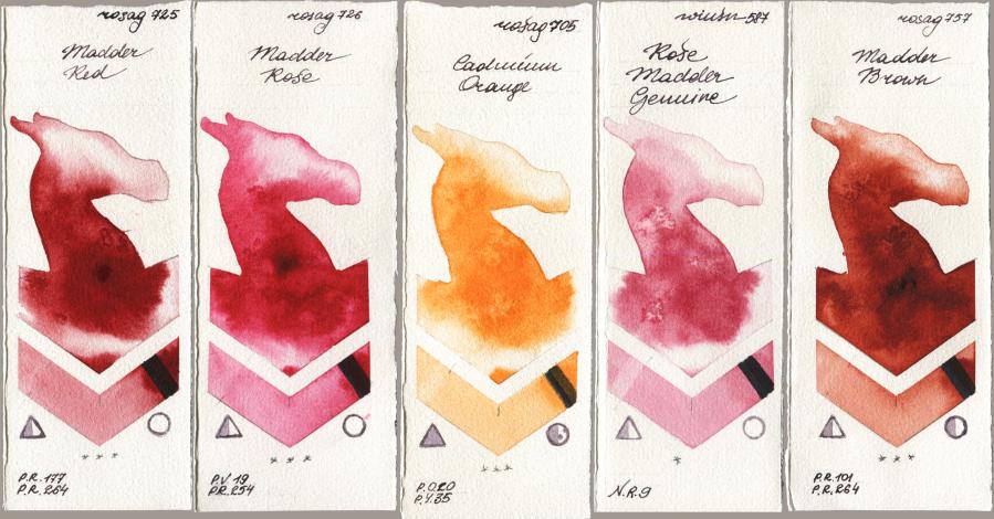 Rosa Gallery 725 Madder Red vs 726 Madder Rose vs 705 Cadmium Orange vs Winsor & Newton Professional 587 Rose Madder Genuine vs 757 Madder Brown watercolor swatch