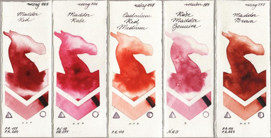 Rosa Gallery 725 Madder Red vs 726 Madder Rose vs 707 Cadmium Red Medium vs Winsor & Newton Professional 587 Rose Madder Genuine vs 757 Madder Brown watercolor swatch