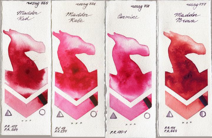Rosa Gallery 725 Madder Red vs 726 Madder Rose vs 708 Carmine vs 757 Madder Brown watercolor swatch