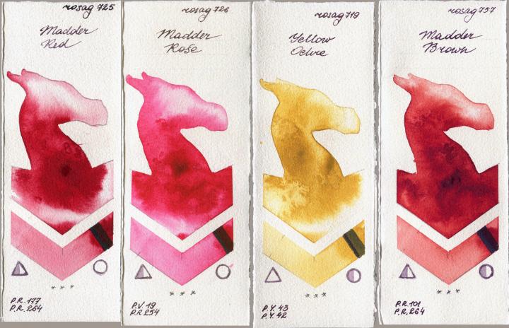 Rosa Gallery 725 Madder Red vs 726 Madder Rose vs 719 Yellow Ochre vs 757 Madder Brown watercolor swatch