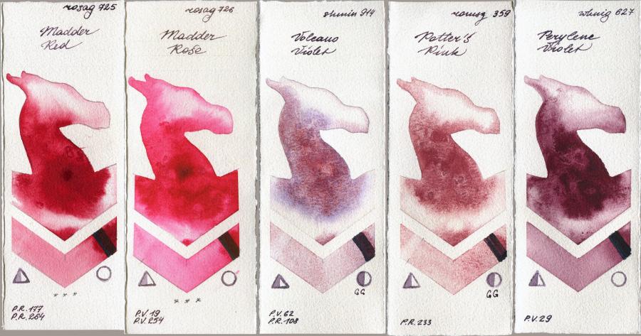 Rosa Gallery 725 Madder Red vs 726 Madder Rose vs Shminke Horadam Aquarell 914 Volcano Violet vs Roman Szmal Aquarius 359 Potters Pink vs  627 Perylene Violet watercolor swatch