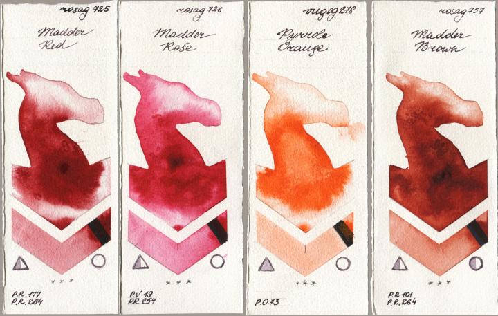 Rosa Gallery 725 Madder Red vs 726 Madder Rose vs Royal Talens Van Gogh Watercolour 278 Pyrrole Orange vs 757 Madder Brown watercolor swatch
