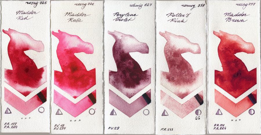 Rosa Gallery 725 Madder Red vs 726 Madder Rose vs  627 Perylene Violet vs Roman Szmal Aquarius 359 Potters Pink vs 757 Madder Brown watercolor swatch