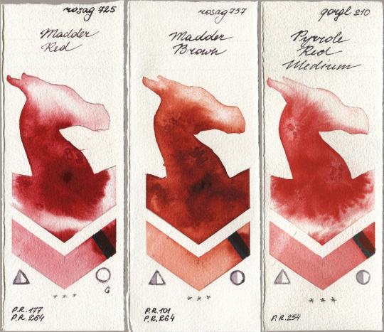 Rosa Gallery 725 Madder Red, 757 Madder Brown, Golden QOR 210 Pyrrole Red Medi watercolor swatch