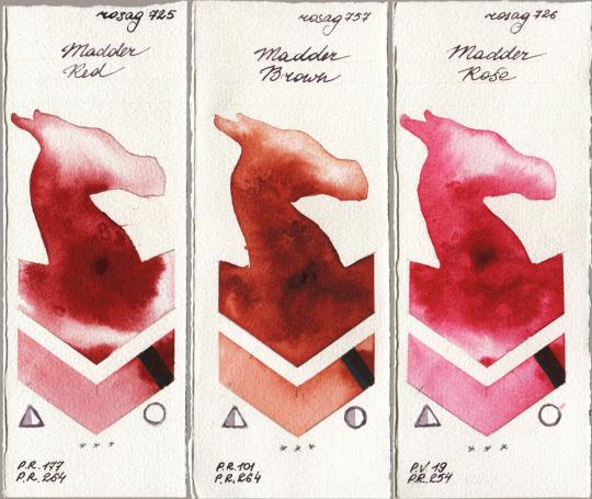 Rosa Gallery 725 Madder Red vs 757 Madder Brown vs 726 Madder Rose watercolor swatch