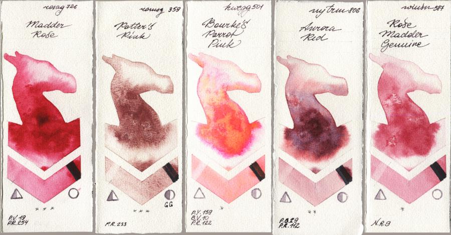 Rosa Gallery 726 Madder Rose vs Roman Szmal Aquarius 359 Potters Pink vs Holbein Artists Watercolor 501 Bourkes Parrot Pink vs Mijello Mission Gold 806 Aurora Red vs Winsor & Newton Professional 587 Rose Madder Genuine watercolor swatch
