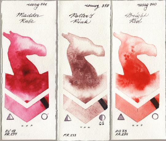 Rosa Gallery 726 Madder Rose vs Roman Szmal Aquarius 359 Potters Pink vs 740 Bright Red watercolor swatch