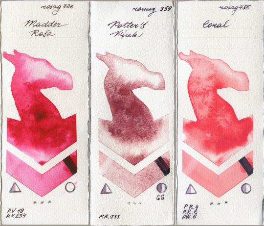 Rosa Gallery 726 Madder Rose vs Roman Szmal Aquarius 359 Potters Pink vs 756 Coral watercolor swatch