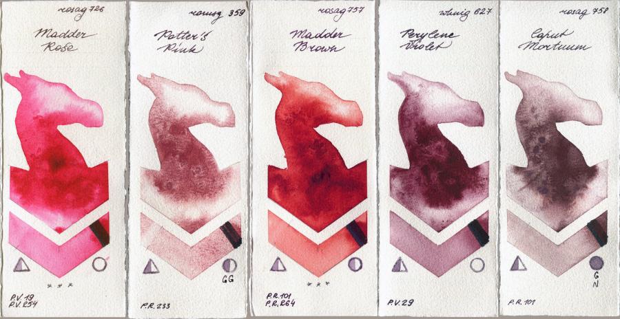 Rosa Gallery 726 Madder Rose vs Roman Szmal Aquarius 359 Potters Pink vs 757 Madder Brown vs  627 Perylene Violet vs 758 Caput Mortuum watercolor swatch