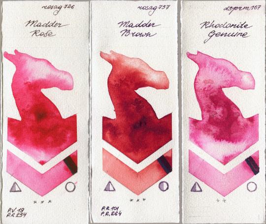 Rosa Gallery 726 Madder Rose vs 757 Madder Brown vs Daniel Smith 167 Rhodonite Genuine watercolor swatch