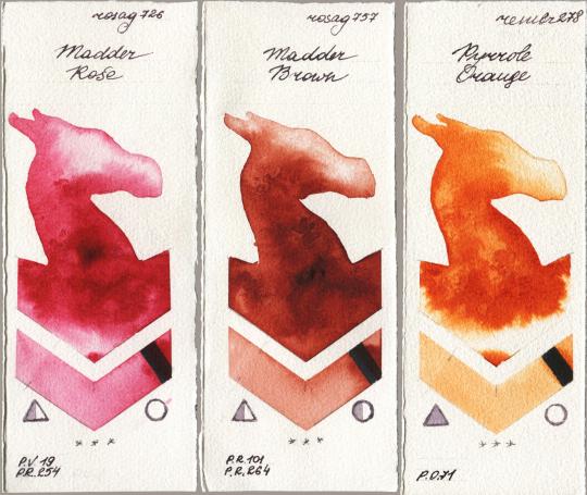 Rosa Gallery 726 Madder Rose vs 757 Madder Brown vs Royal Talens Rembrandt Watercolour 278 Pyrrole Orange watercolor swatch