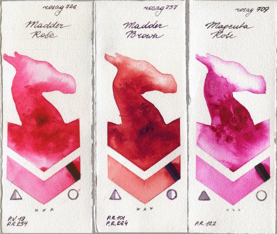 Rosa Gallery 726 Madder Rose vs 757 Madder Brown vs 709 Magenta Rose watercolor swatch
