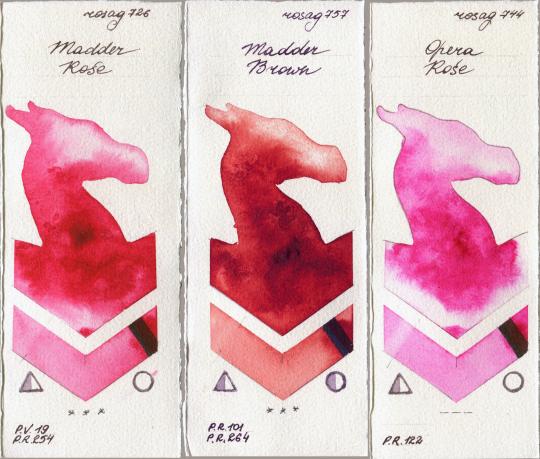 Rosa Gallery 726 Madder Rose vs 757 Madder Brown vs 744 Opera Rose watercolor swatch