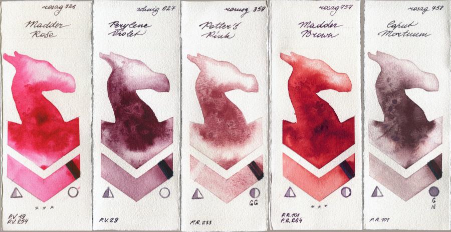 Rosa Gallery 726 Madder Rose vs  627 Perylene Violet vs Roman Szmal Aquarius 359 Potters Pink vs 757 Madder Brown vs 758 Caput Mortuum watercolor swatch