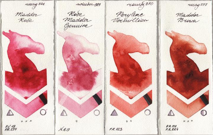 Rosa Gallery 726 Madder Rose vs Winsor & Newton Professional 587 Rose Madder Genuine vs Roman Szmal Aquarius 370 Perylene Vermillion vs 757 Madder Brown watercolor swatch