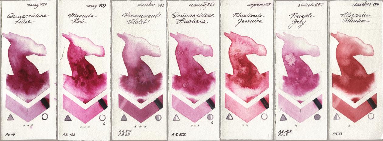 Rosa Gallery 727 Quinacridone Lilac, 709 Magenta Rose, Daniel Smith 073 Permanent Violet, Roman Szmal Aquarius 358 Quinacridone Fuchsia, 167 Rhodonite Genuine, Shinhan PWC 650 Purple Grey, 004 Alizarin Crims watercolor swatch