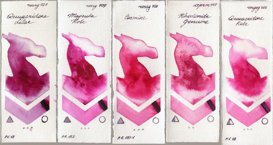 Rosa Gallery 727 Quinacridone Lilac vs 709 Magenta Rose vs 708 Carmine vs Daniel Smith 167 Rhodonite Genuine vs Royal Talens Van Gogh Watercolour 366 Quinacridone Rose watercolor swatch