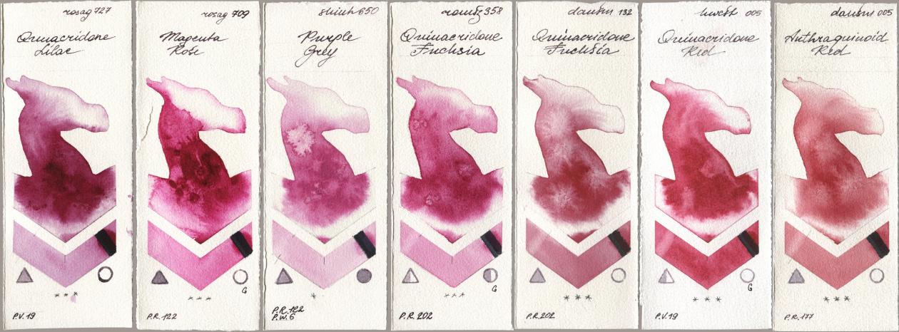 Rosa Gallery 727 Quinacridone Lilac, 709 Magenta Rose, Shinhan PWC 650 Purple Grey, Roman Szmal Aquarius 358 Quinacridone Fuchsia, Daniel Smith 132 Quinacridone Fuchsia, Holbein Artists Watercolor 005 Quinacridone Red, 005 Anthraquinoid R watercolor swatch