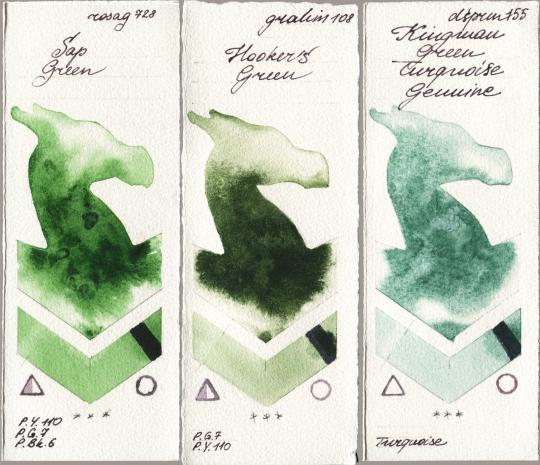 Rosa Gallery 728 Sap Green vs M. Graham & Co. Artists 108 Hookers Green vs Daniel Smith 155 Kingman Green Turquoise Genuine watercolor swatch