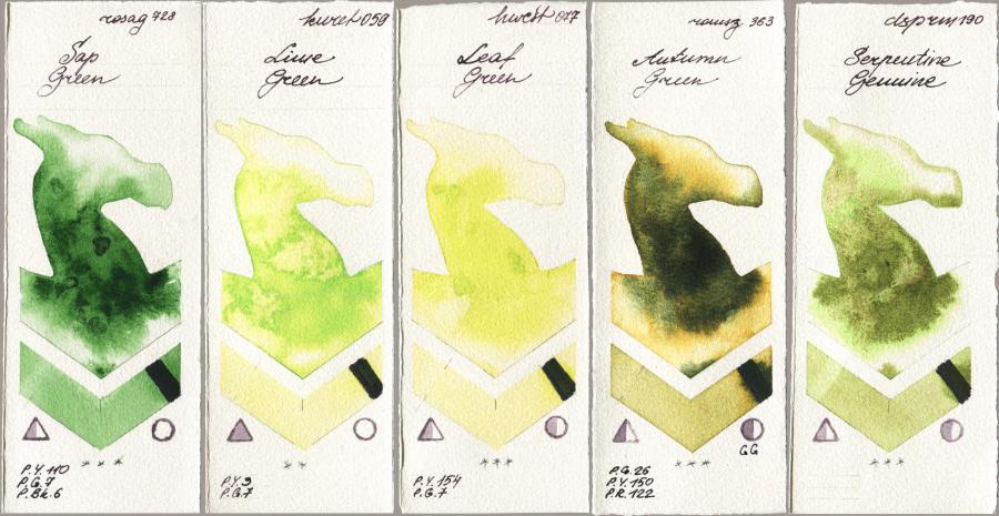 Rosa Gallery 728 Sap Green vs Kuretake Gansai Tambi 059 Lime Green vs Holbein Artists Watercolor 077 Leaf Green vs Roman Szmal Aquarius 363 Autumn Green vs Daniel Smith 190 Serpentine Genuine watercolor swatch