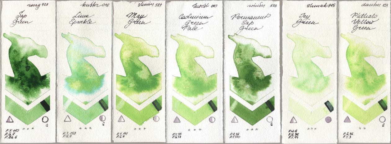 Rosa Gallery 728 Sap Green, Kusakabe 016 Lime Sparkle, Shminke Horadam Aquarell 524 May Green, Holbein Artists Watercolor 069 Cadmium Green Pale, Winsor & Newton Professional 503 Permanent Sap Green, Shminke Akademie Aquarell 915 Icy Green, Daniel Smith 124 Phthalo Yellow Gre watercolor swatch