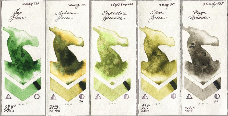 Rosa Gallery 728 Sap Green vs Roman Szmal Aquarius 363 Autumn Green vs Daniel Smith 190 Serpentine Genuine vs 713 Olive Green vs Shminke Horadam Aquarell 969 Haze Brown watercolor swatch