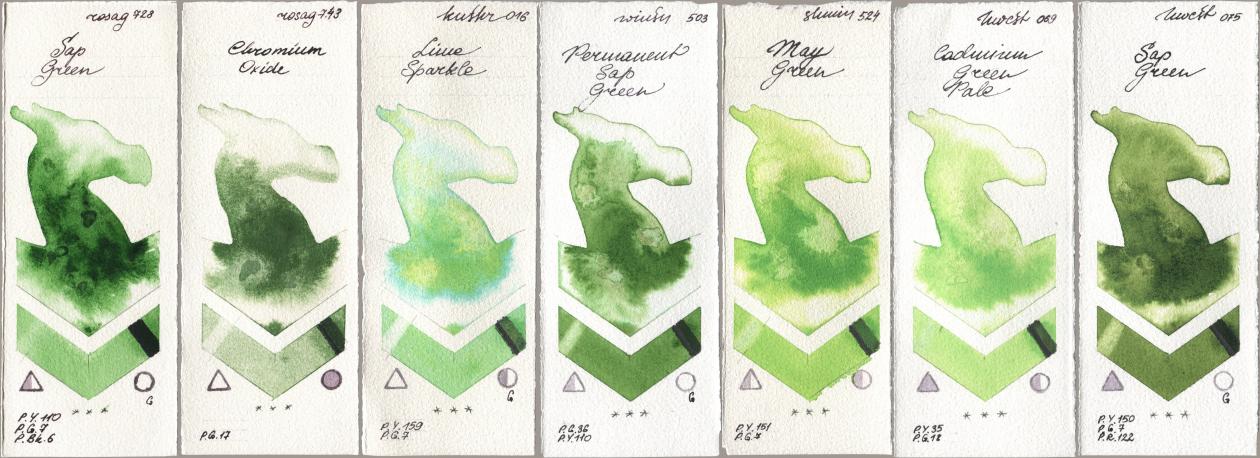 Rosa Gallery 728 Sap Green, 743 Chromium Oxide, Kusakabe 016 Lime Sparkle, Winsor & Newton Professional 503 Permanent Sap Green, Shminke Horadam Aquarell 524 May Green, Holbein Artists Watercolor 069 Cadmium Green Pale, 075 Sap Gre watercolor swatch